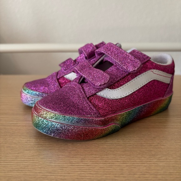 Vans Toddler Old Skool V Sneakers Pink Rainbow Glitter With Velcro Straps Size 8 - Picture 10 of 14